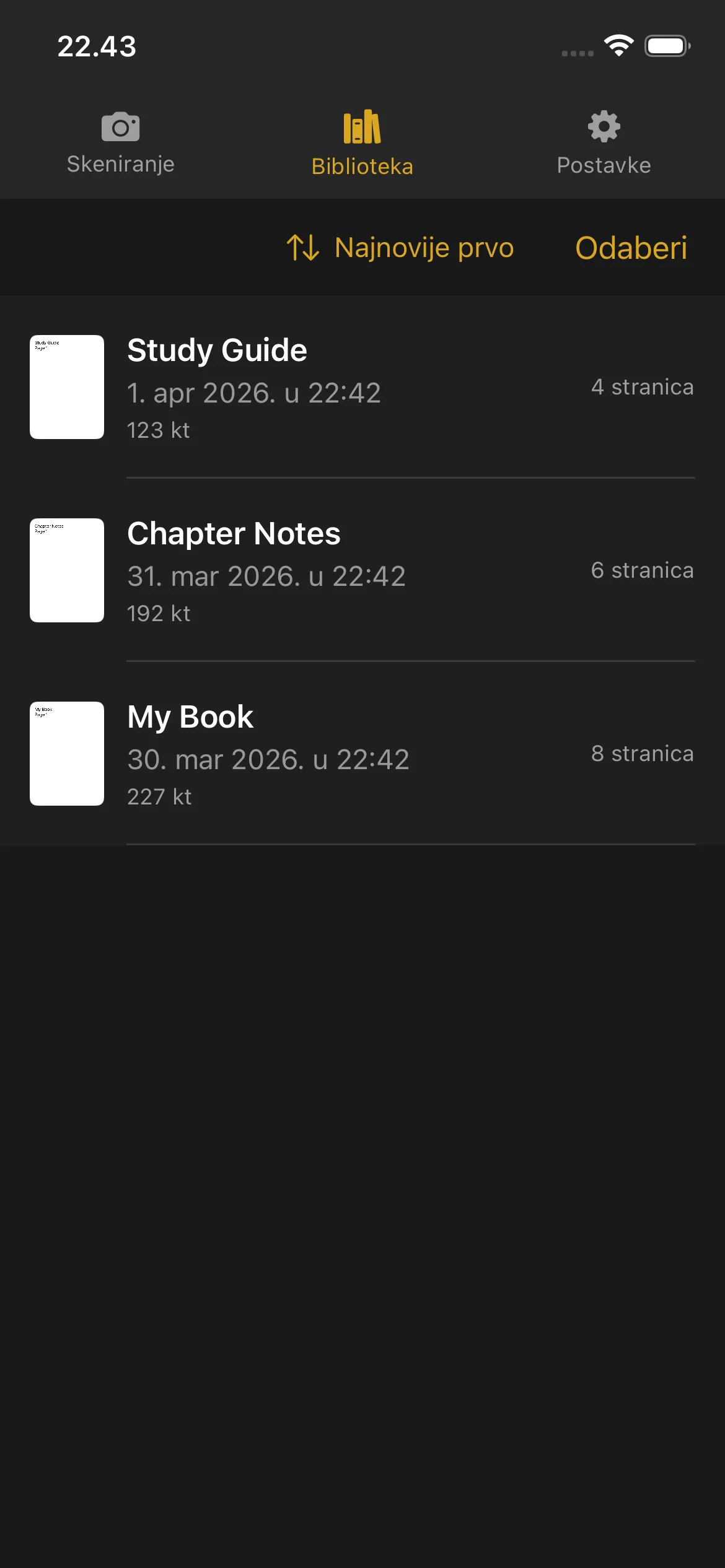 Knut app Library view showing list of scanned books with thumbnails, titles, page counts, and file sizes.