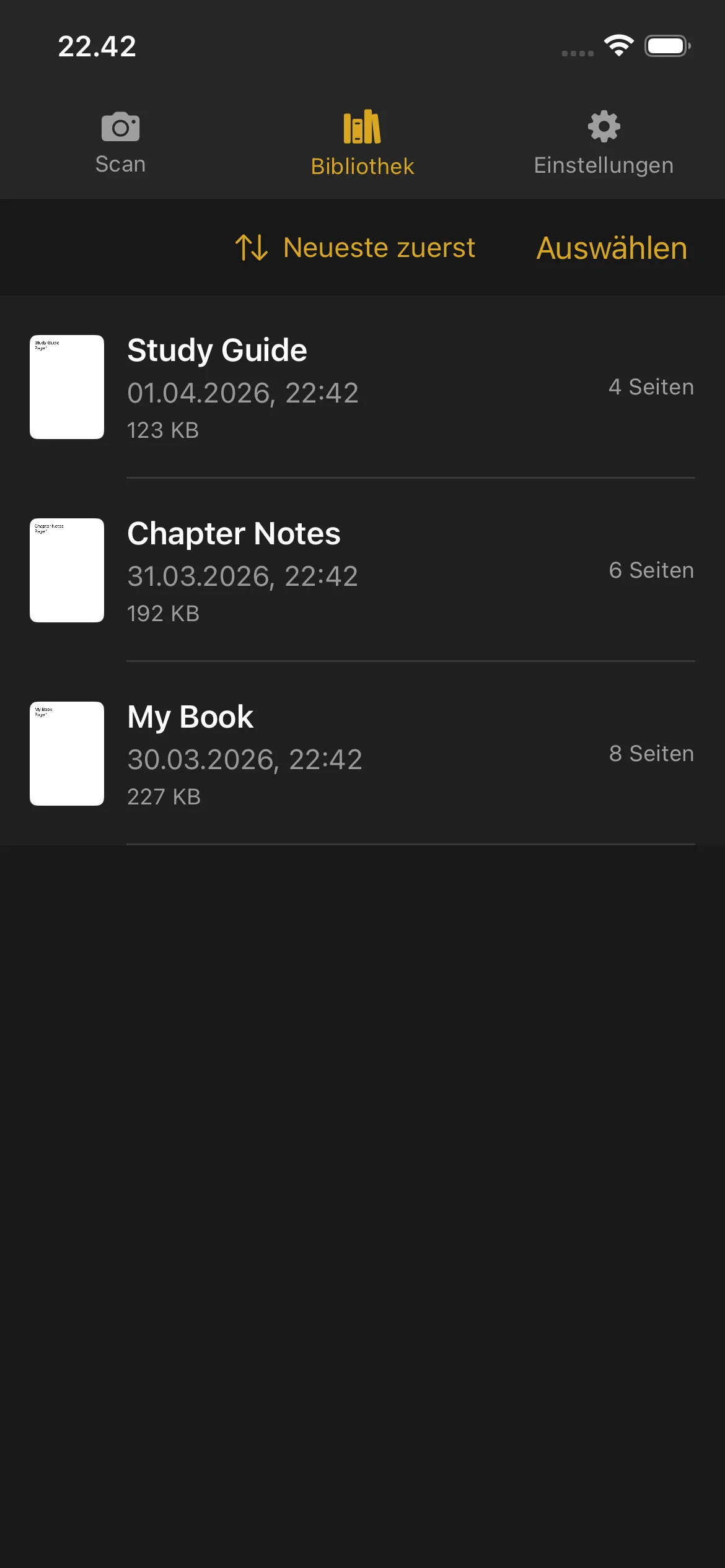 Knut app Library view showing list of scanned books with thumbnails, titles, page counts, and file sizes.
