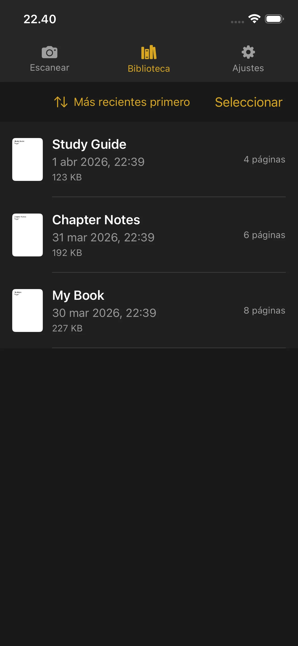 Knut app Library view showing list of scanned books with thumbnails, titles, page counts, and file sizes.