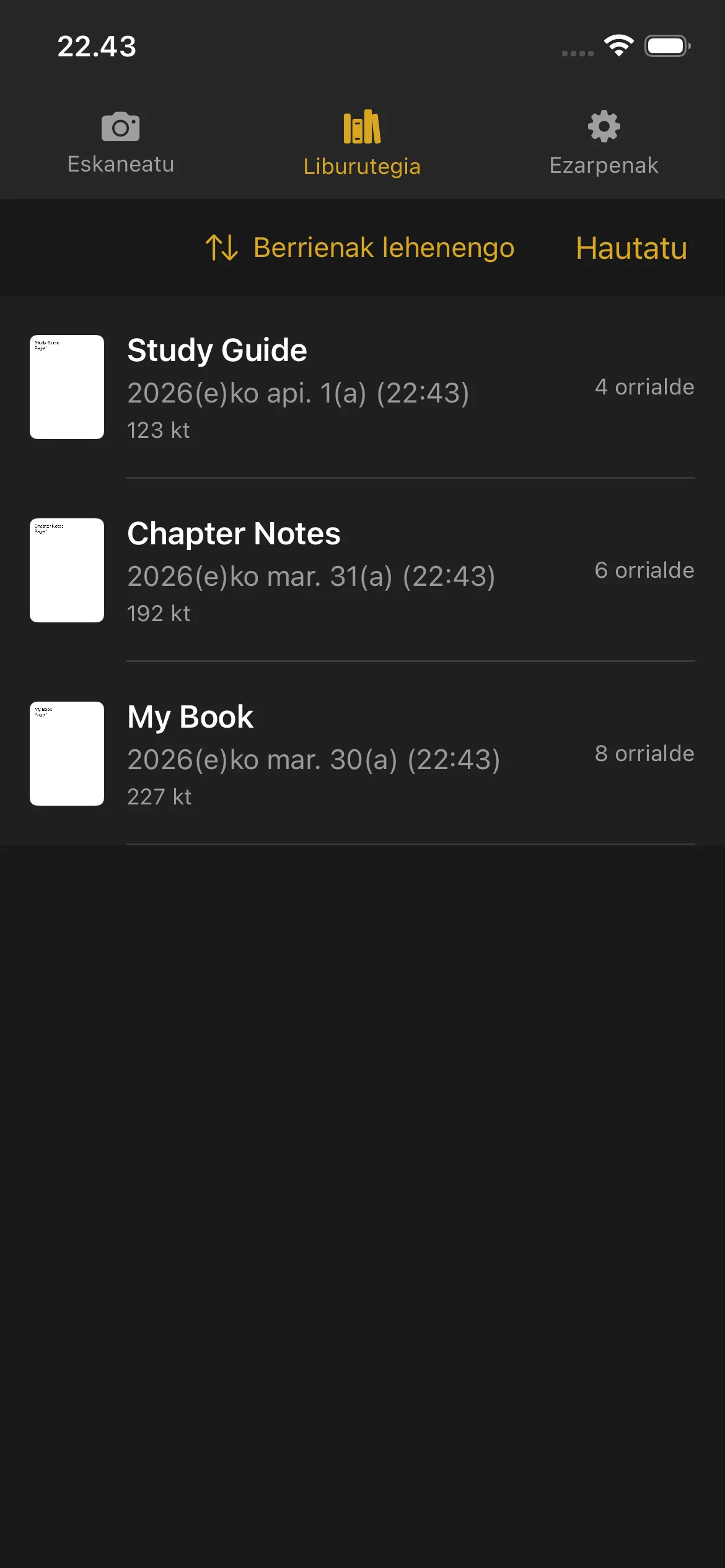 Knut app Library view showing list of scanned books with thumbnails, titles, page counts, and file sizes.