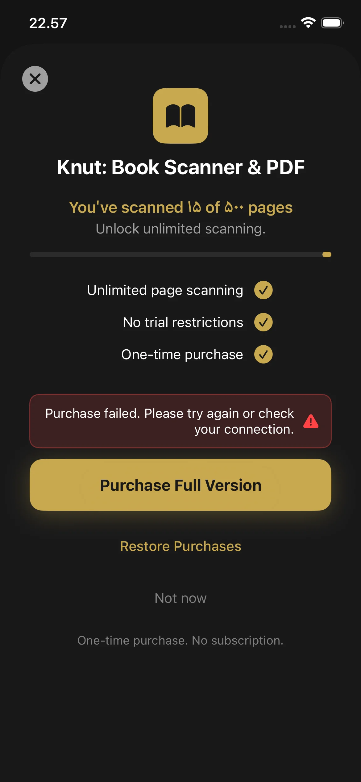 Knut app Paywall screen showing trial progress bar, page counter, and purchase button for the full version.