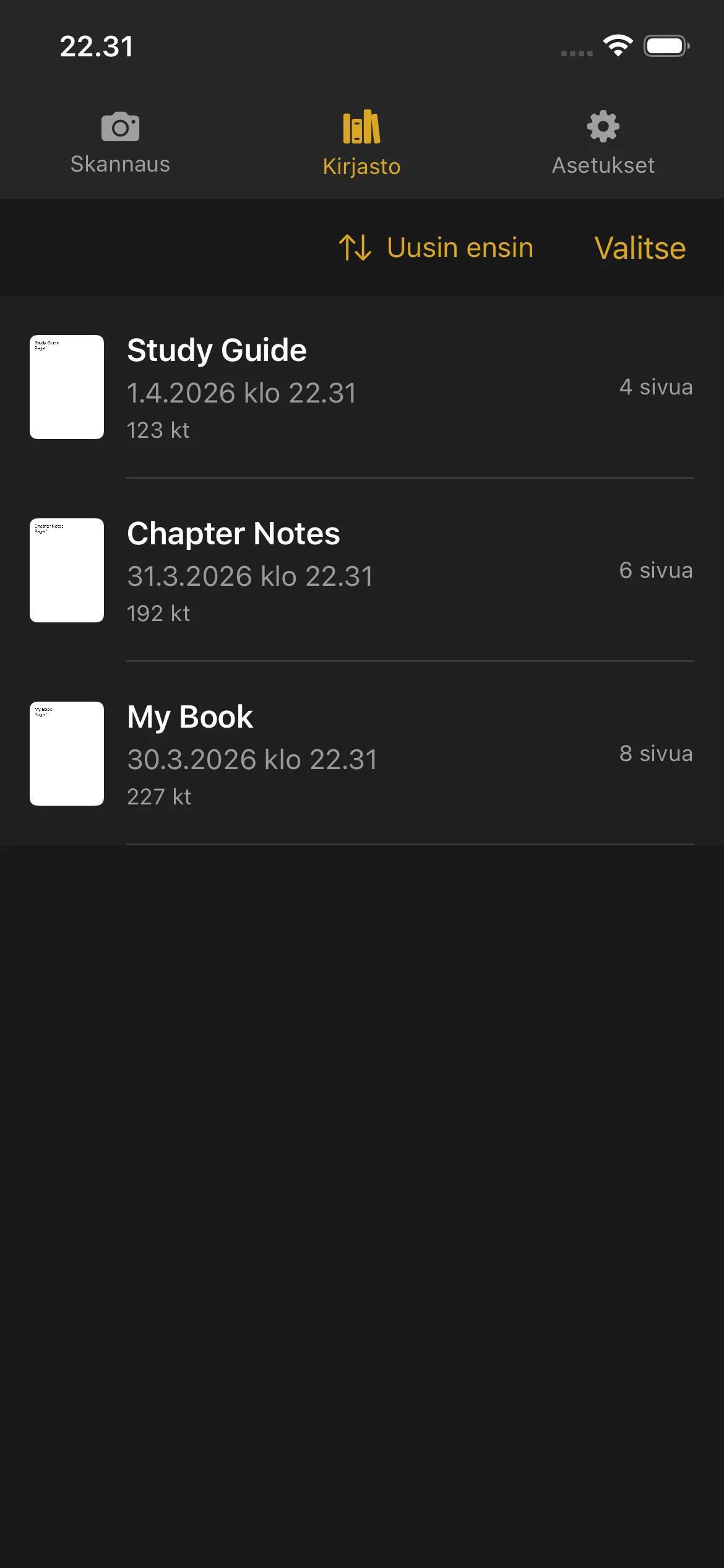 Knut app Library view showing list of scanned books with thumbnails, titles, page counts, and file sizes.