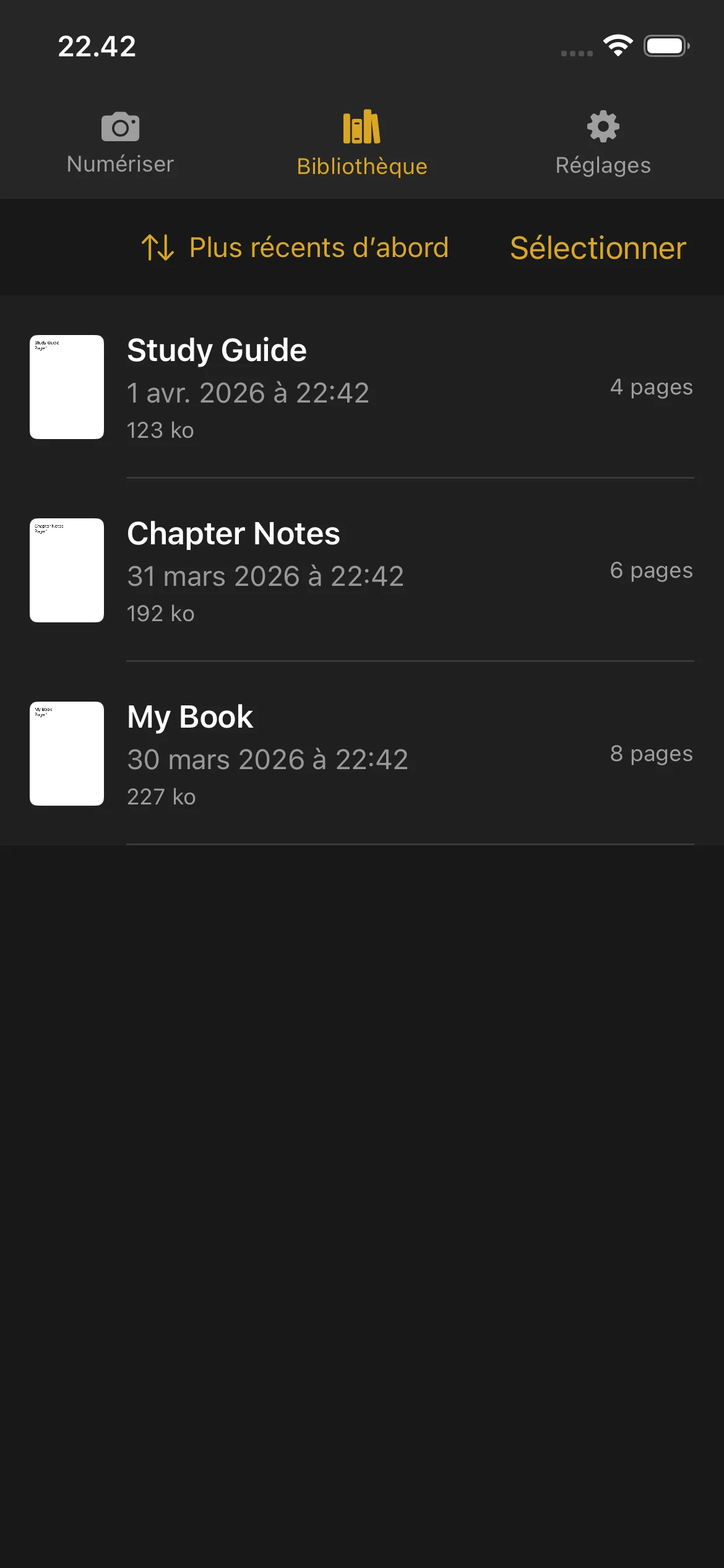 Knut app Library view showing list of scanned books with thumbnails, titles, page counts, and file sizes.
