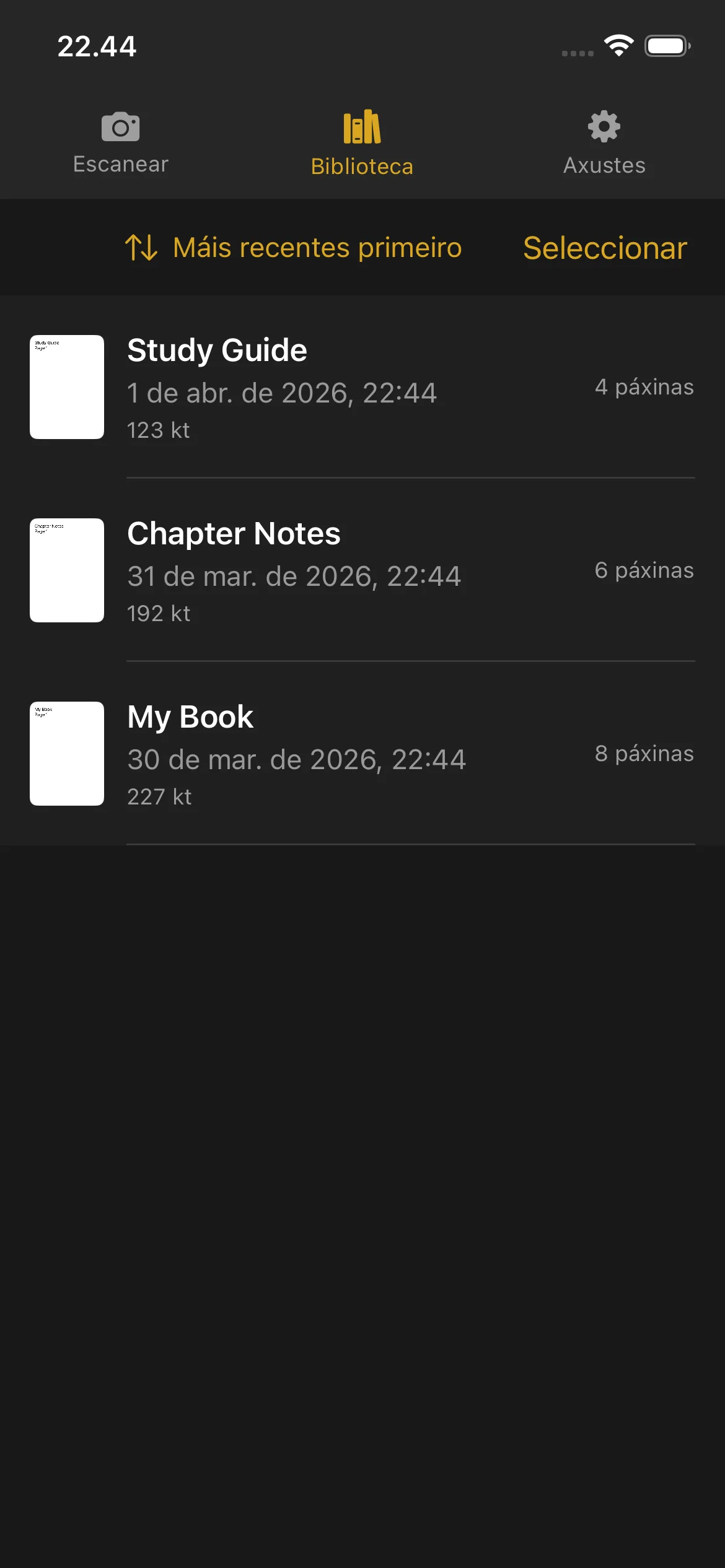 Knut app Library view showing list of scanned books with thumbnails, titles, page counts, and file sizes.