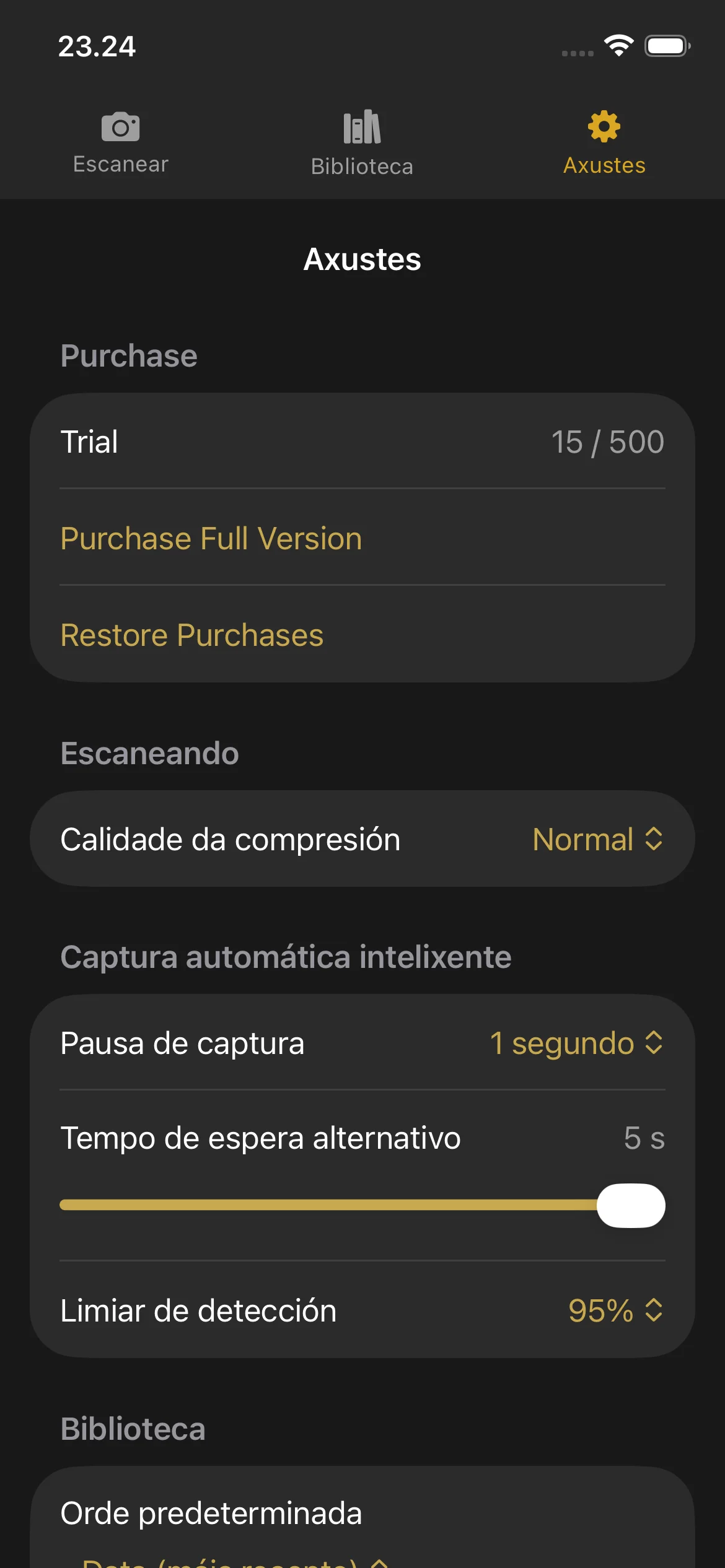 Knut app Settings view showing compression quality selector, auto-capture toggle, camera lens picker, and trial status.