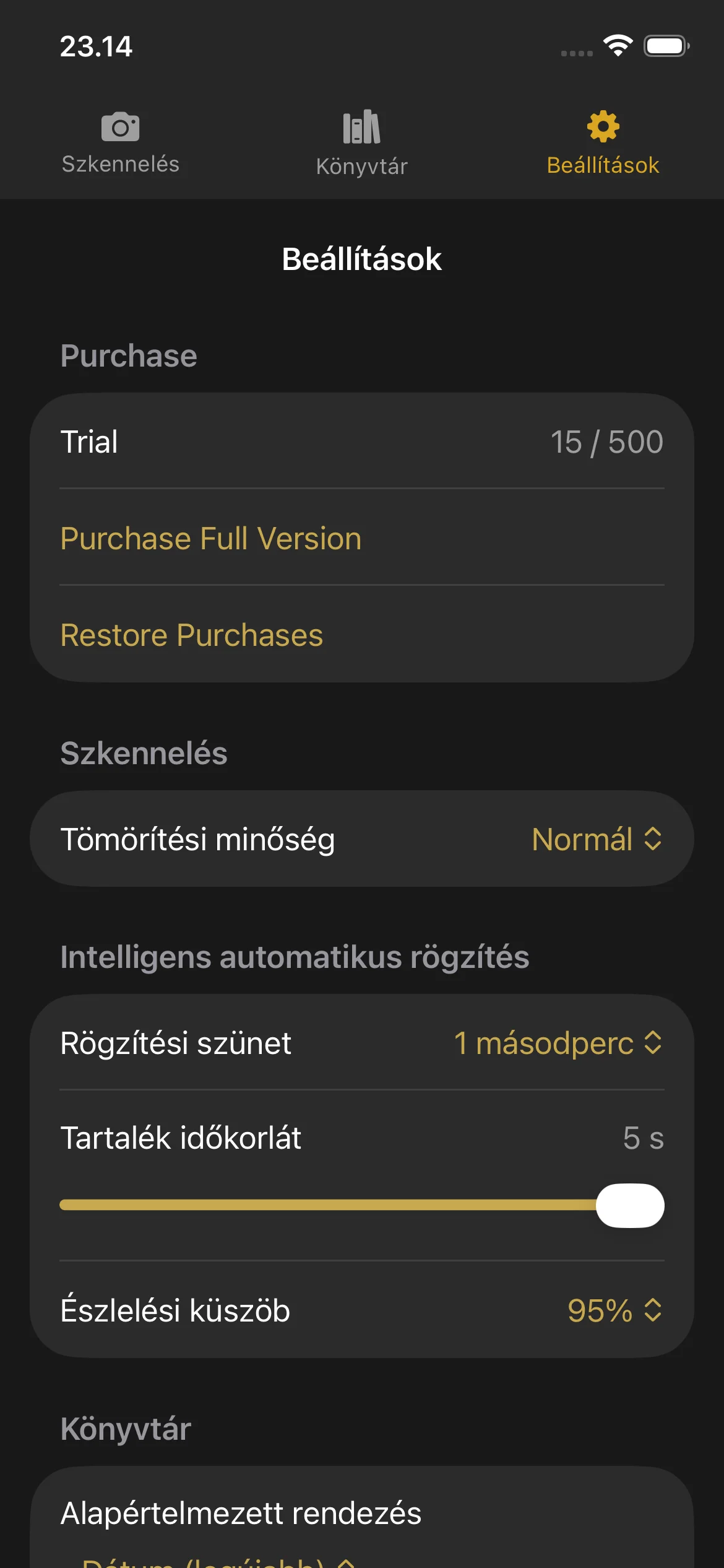 Knut app Settings view showing compression quality selector, auto-capture toggle, camera lens picker, and trial status.