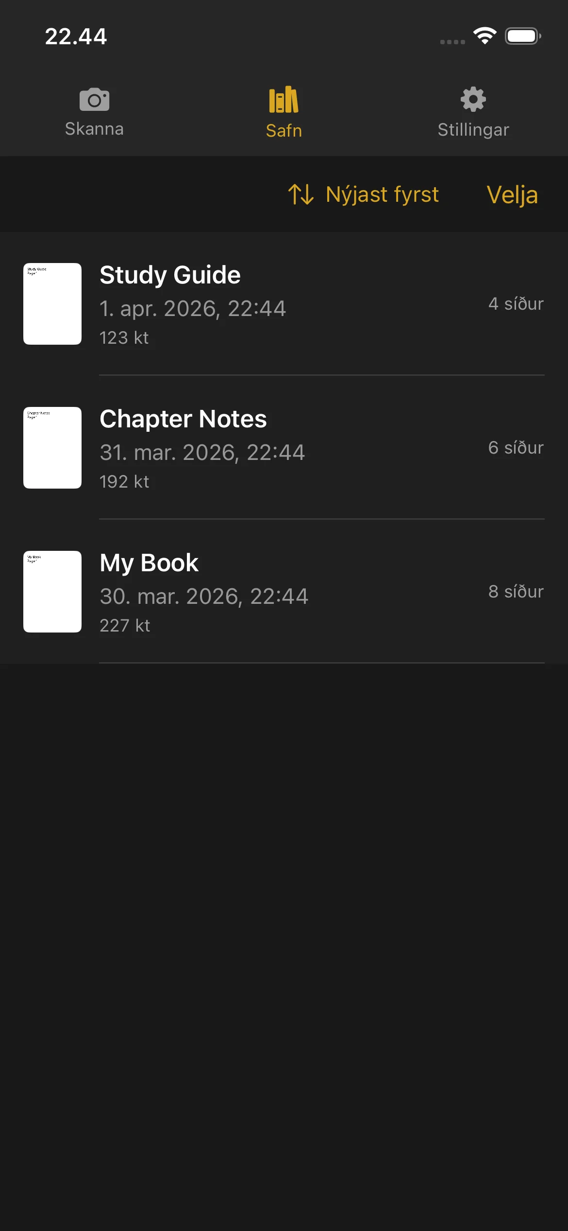 Knut app Library view showing list of scanned books with thumbnails, titles, page counts, and file sizes.