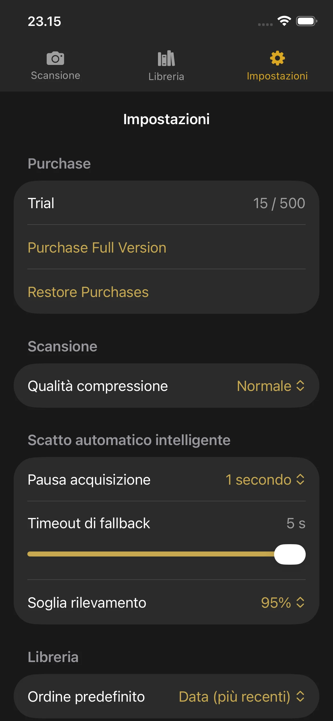 Knut app Settings view showing compression quality selector, auto-capture toggle, camera lens picker, and trial status.