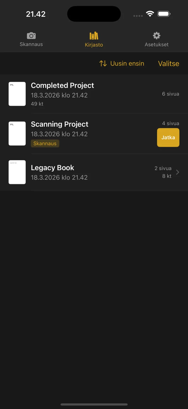 Knut app Library view showing list of scanned books with thumbnails, titles, page counts, and file sizes.