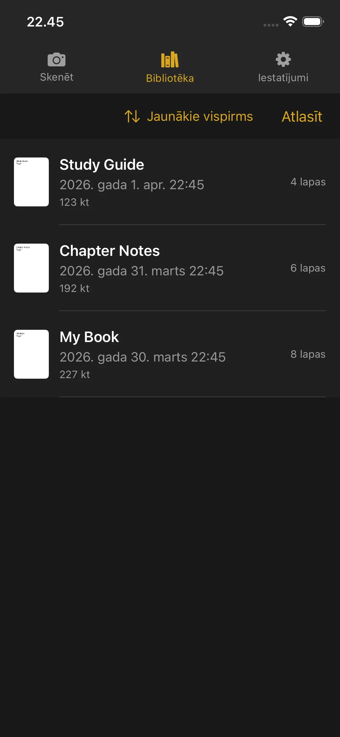 Knut app Library view showing list of scanned books with thumbnails, titles, page counts, and file sizes.