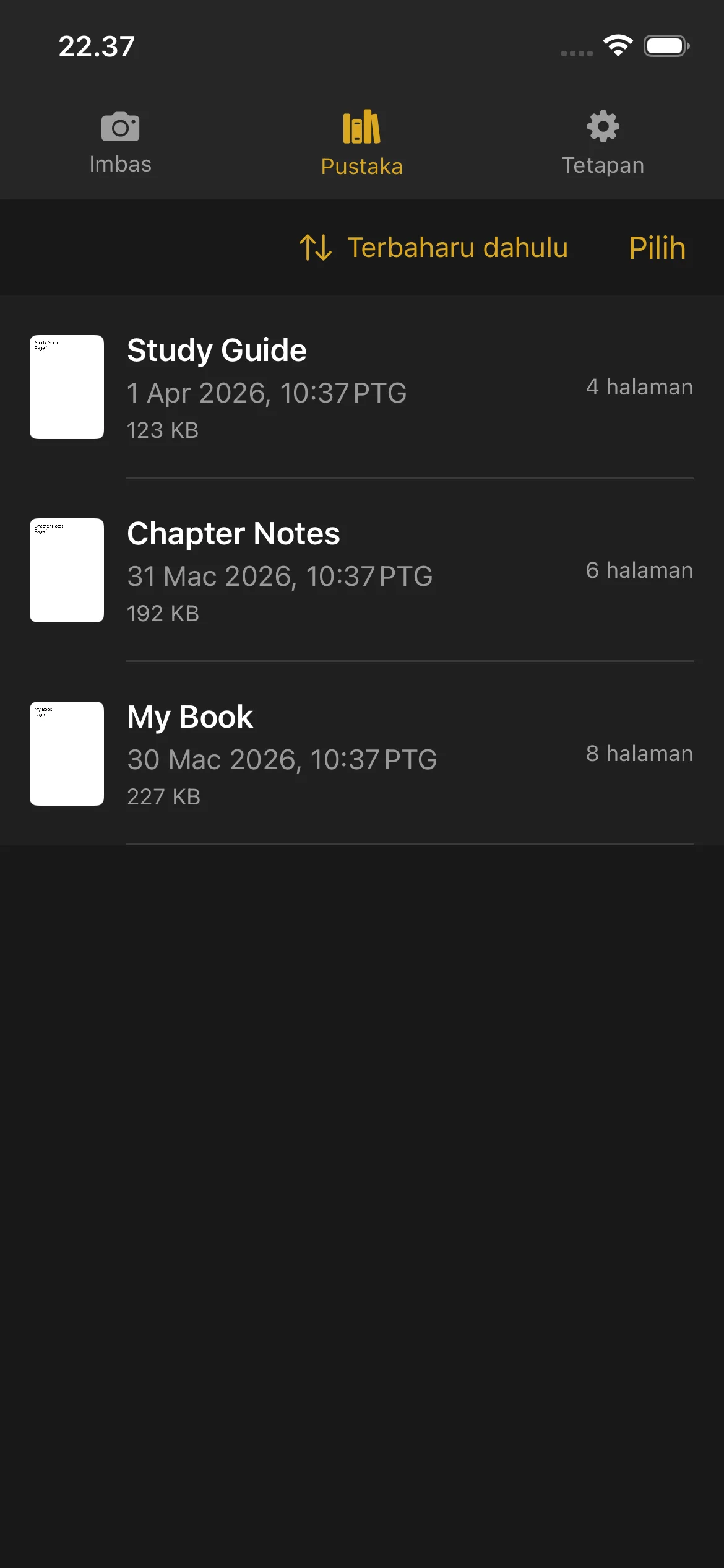 Knut app Library view showing list of scanned books with thumbnails, titles, page counts, and file sizes.