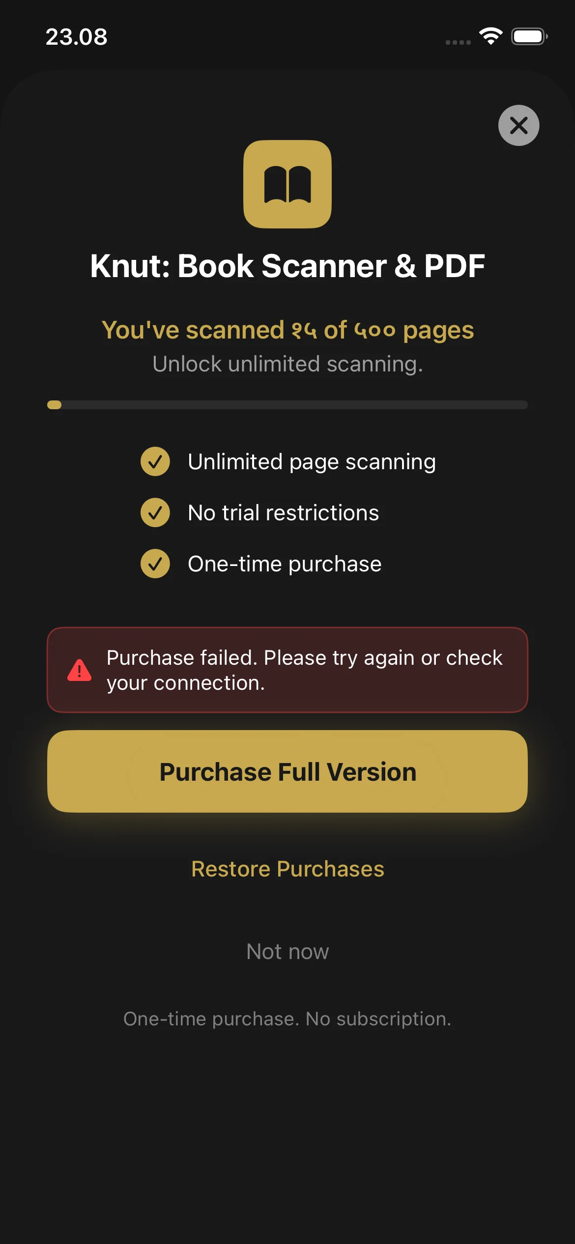 Knut app Paywall screen showing trial progress bar, page counter, and purchase button for the full version.