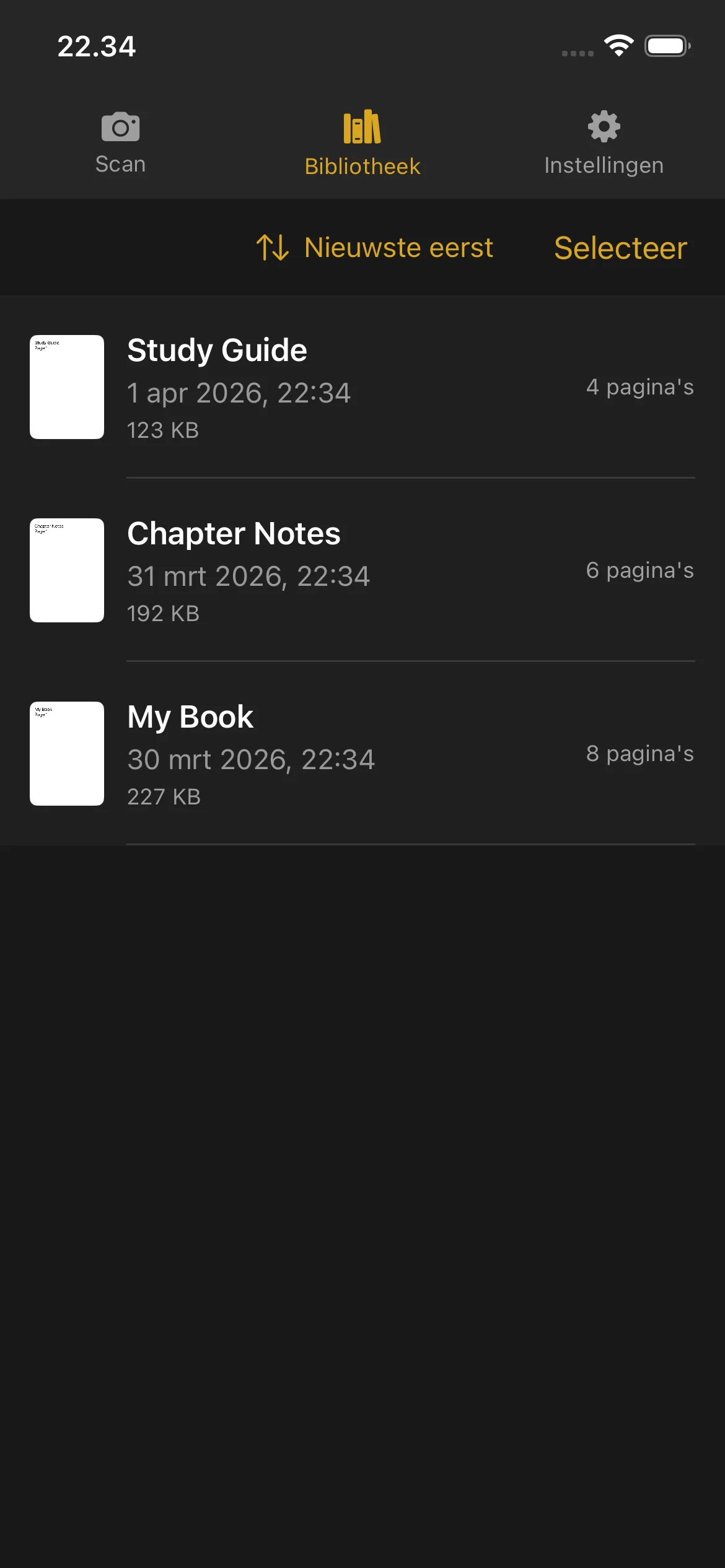 Knut app Library view showing list of scanned books with thumbnails, titles, page counts, and file sizes.