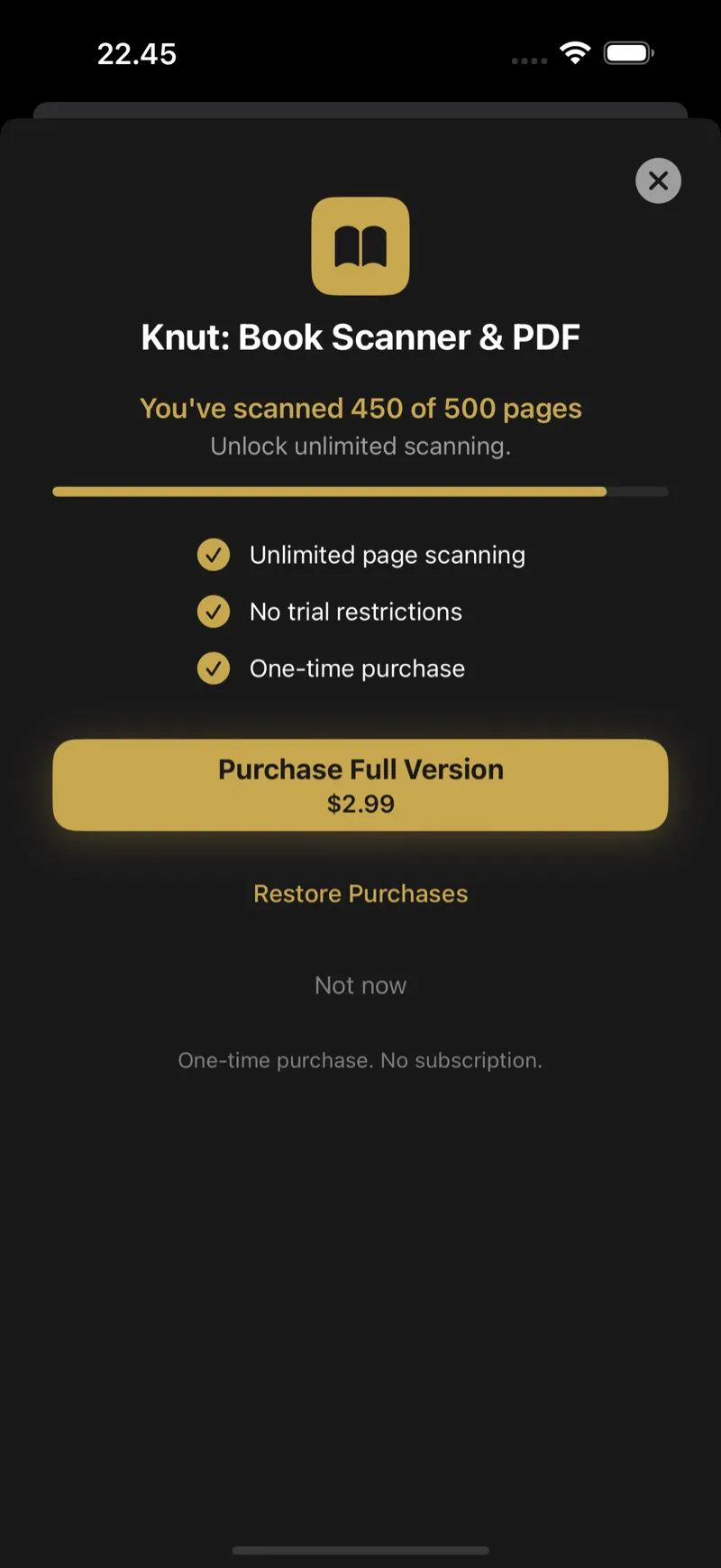 Knut app Paywall screen showing trial progress bar, page counter, and purchase button for the full version.