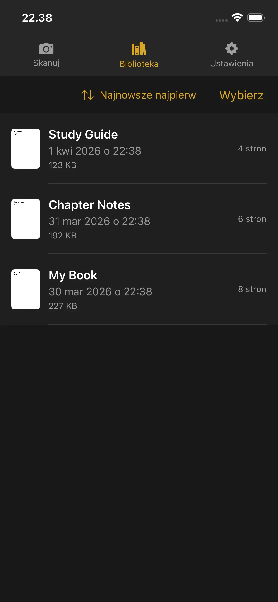 Knut app Library view showing list of scanned books with thumbnails, titles, page counts, and file sizes.