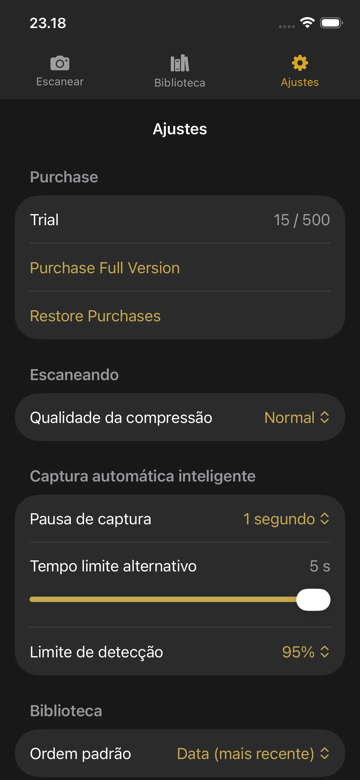 Knut app Settings view showing compression quality selector, auto-capture toggle, camera lens picker, and trial status.