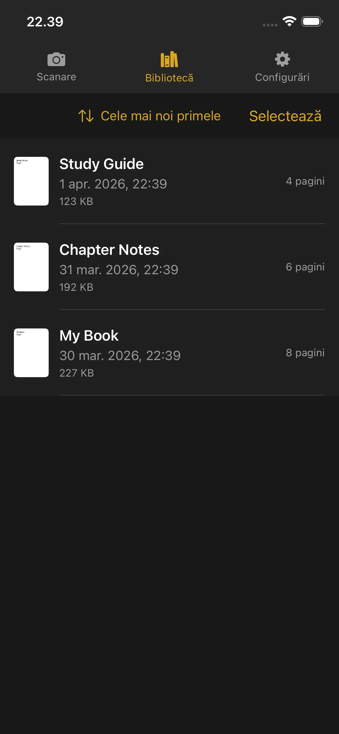 Knut app Library view showing list of scanned books with thumbnails, titles, page counts, and file sizes.