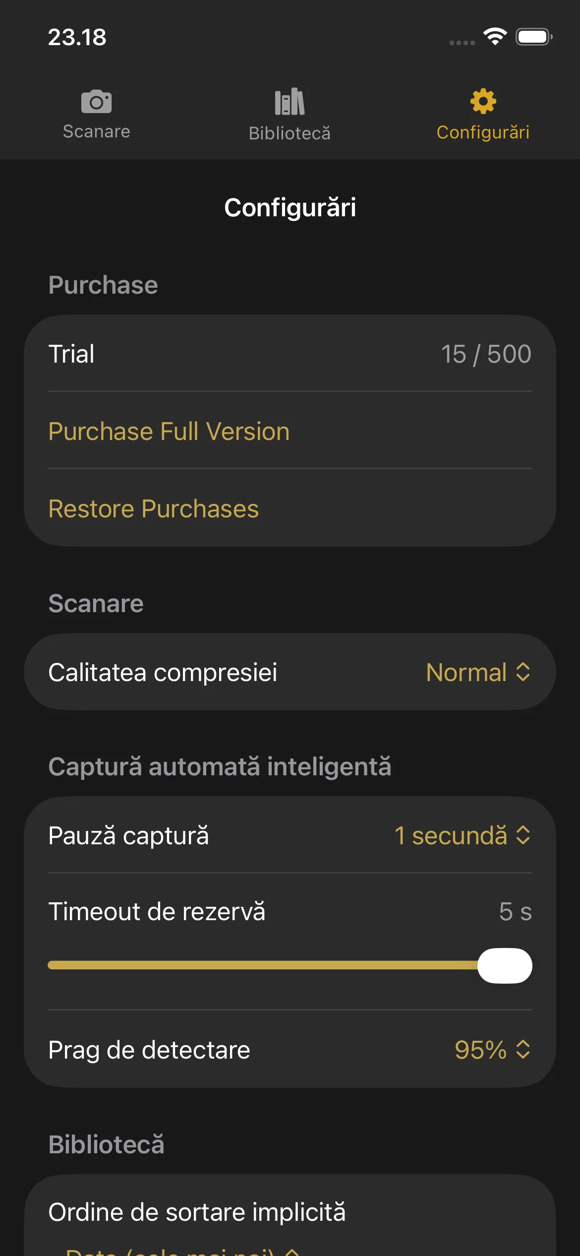 Knut app Settings view showing compression quality selector, auto-capture toggle, camera lens picker, and trial status.