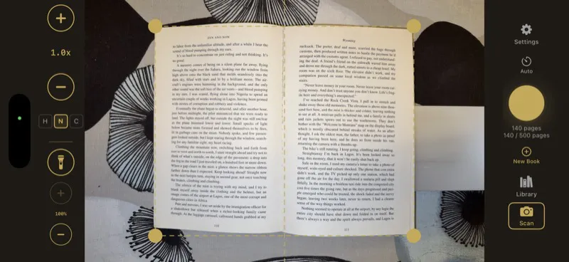 Knut app Scan view in landscape mode showing camera preview, crop rectangle overlay, capture button, and sidebar controls.