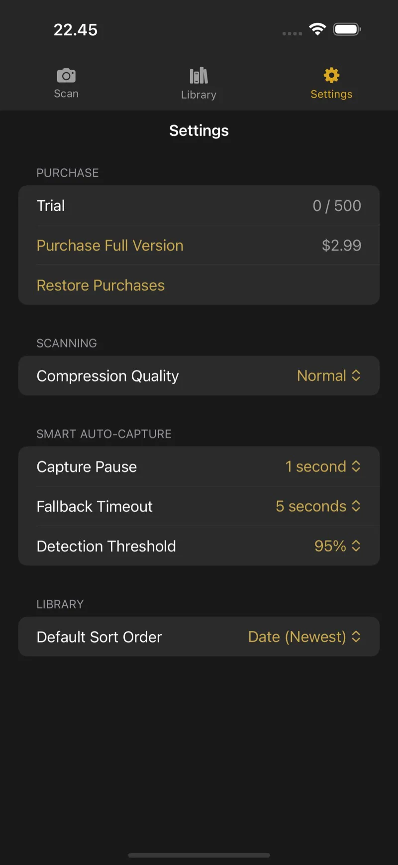 Knut app Settings view showing compression quality selector, auto-capture toggle, camera lens picker, and trial status.