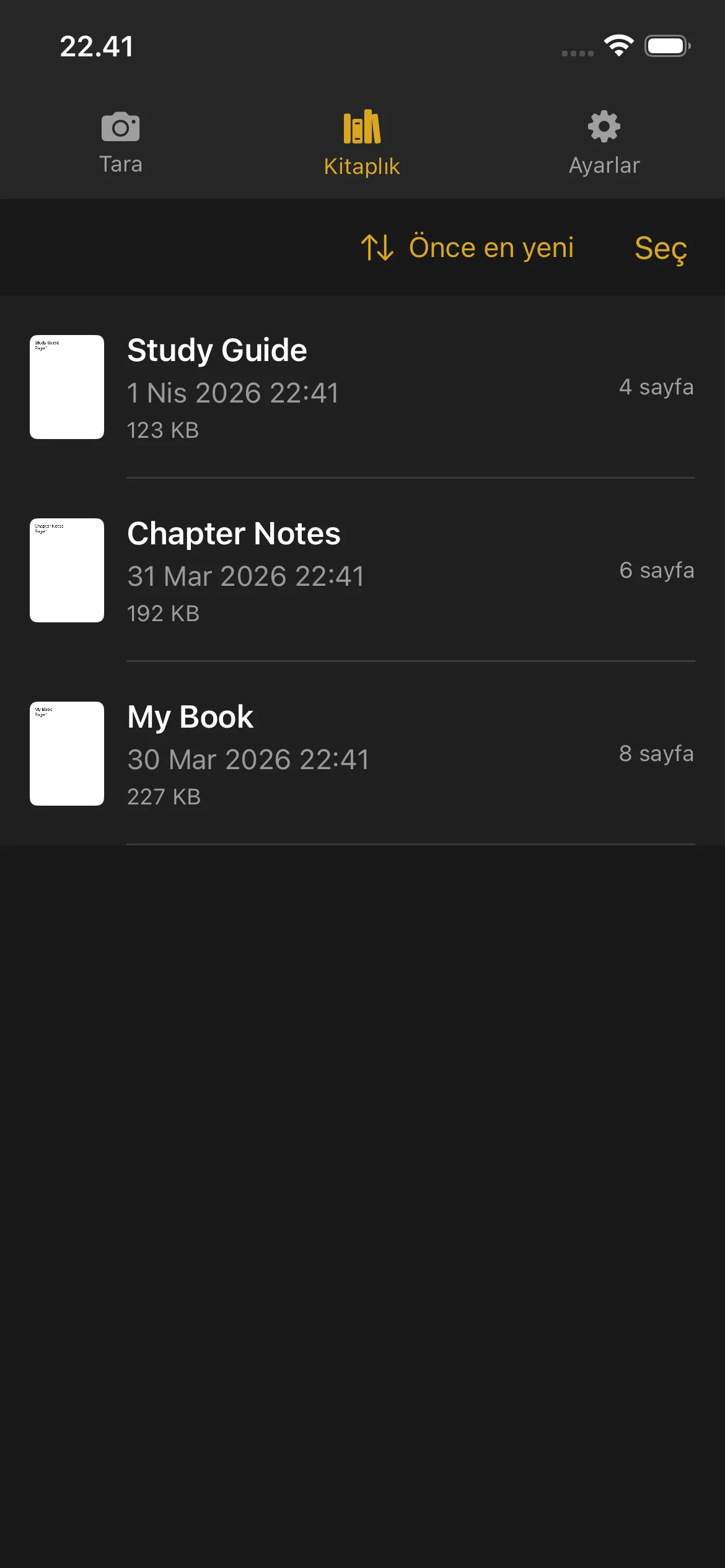 Knut app Library view showing list of scanned books with thumbnails, titles, page counts, and file sizes.