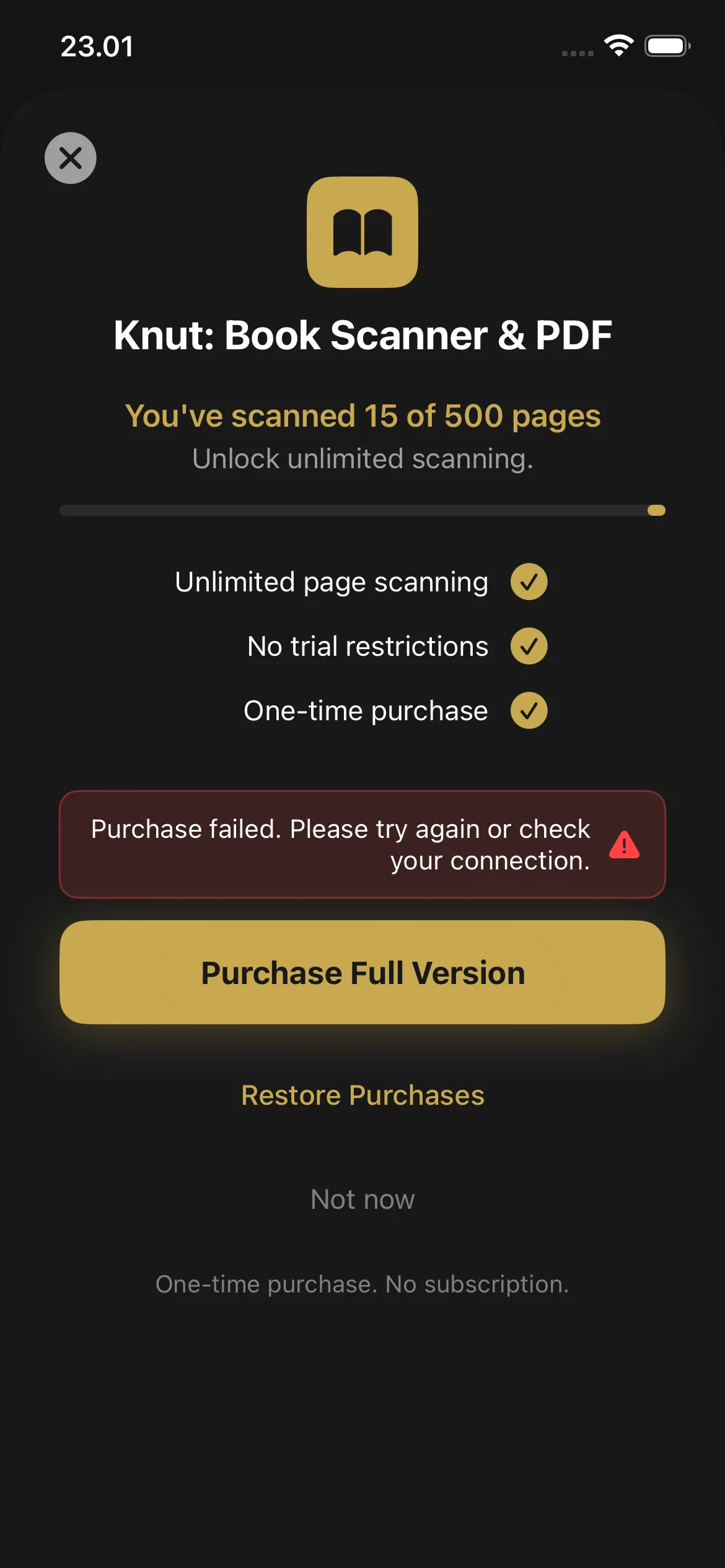 Knut app Paywall screen showing trial progress bar, page counter, and purchase button for the full version.