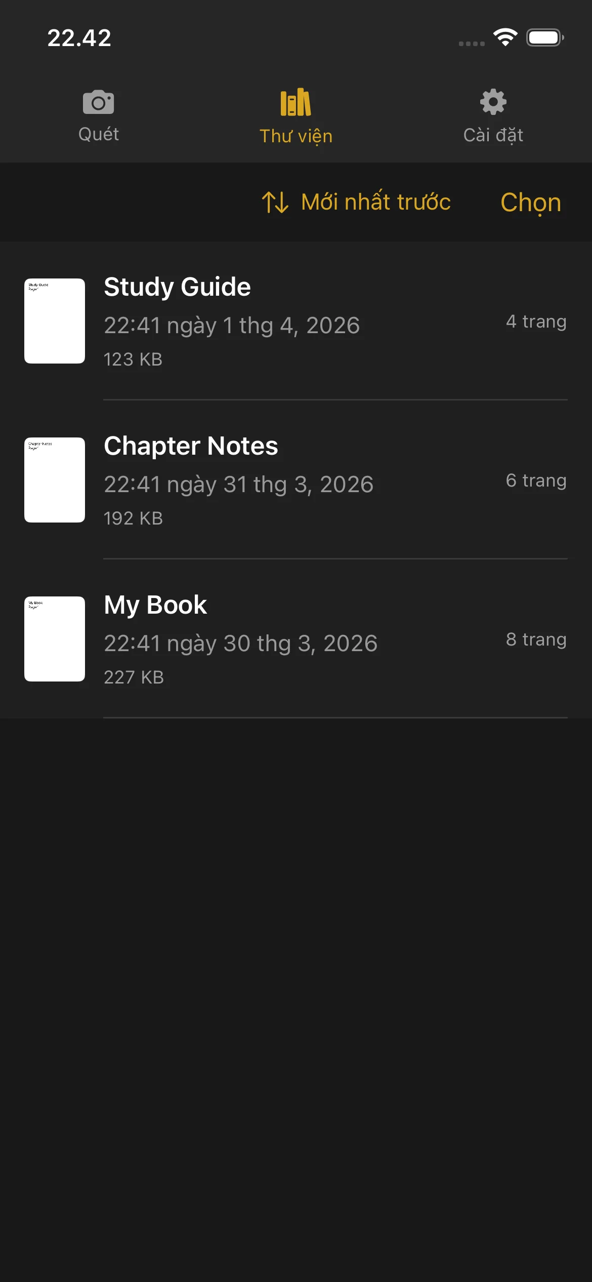 Knut app Library view showing list of scanned books with thumbnails, titles, page counts, and file sizes.